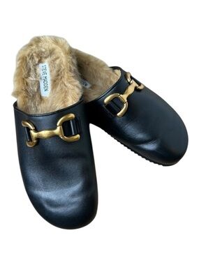 Steve Madden Masin Black Leather Faux Fur Mule Slippers 10